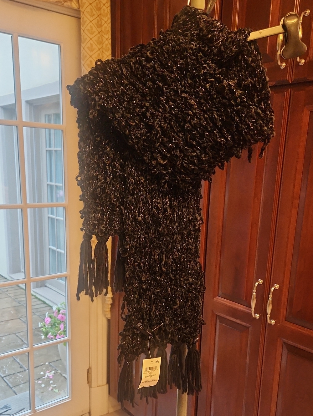 Cozy Black Knitted, Textured Long Scarf w/ Silver Threads and Tassels. NWT!